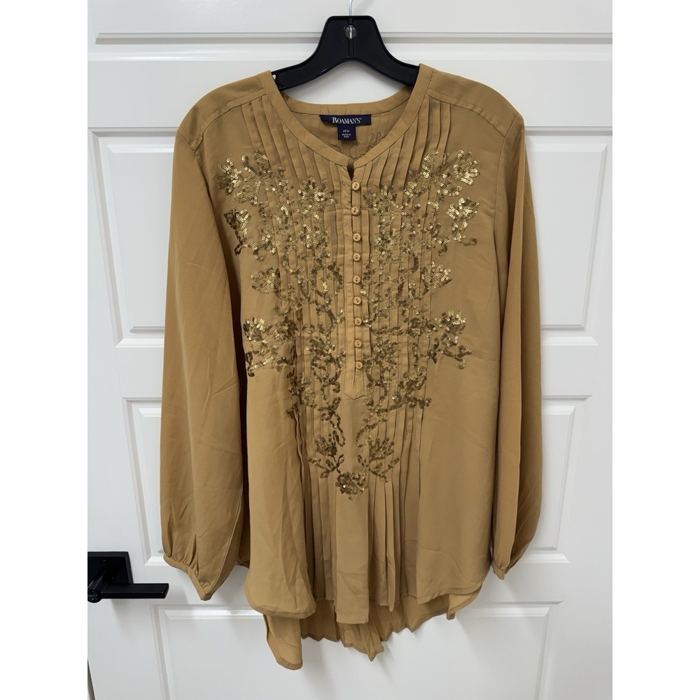 Roamans 14W Blouse Top Sequined Pullover Hi Lo Hem Brown Gold Tunic